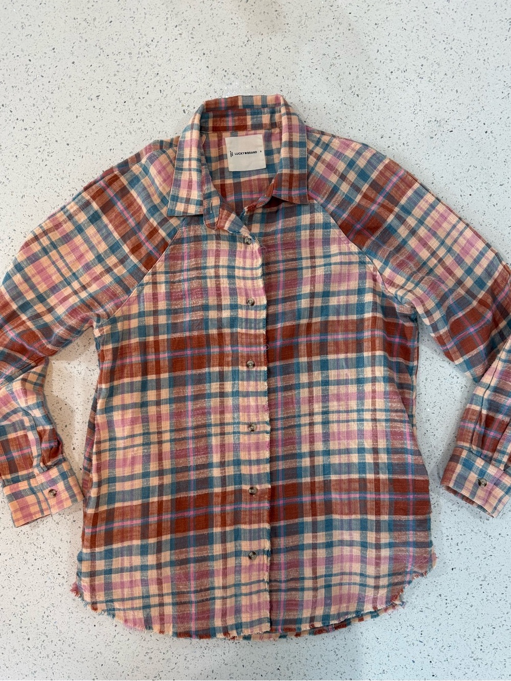 Lucky Brand Plaid Button-Down Shirt in Pink, Rust & Teal